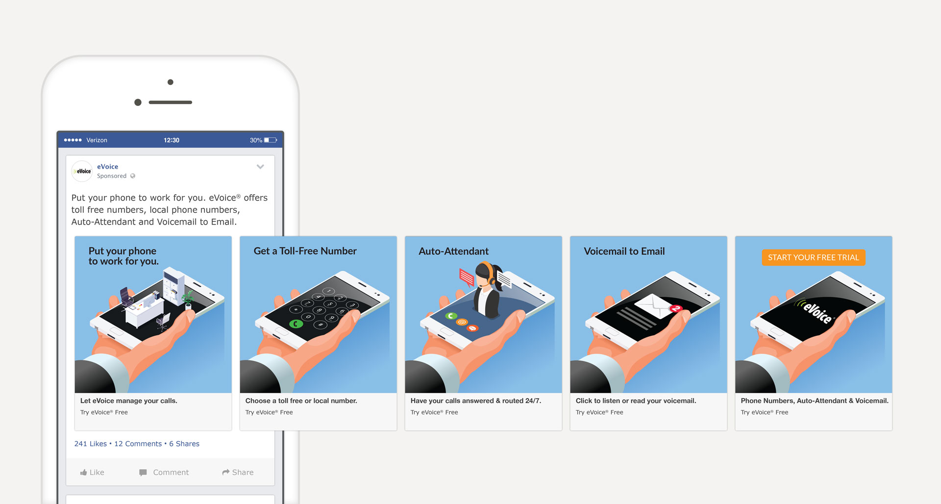 eVoice Product Features Number FB Carousel Ad Layout
