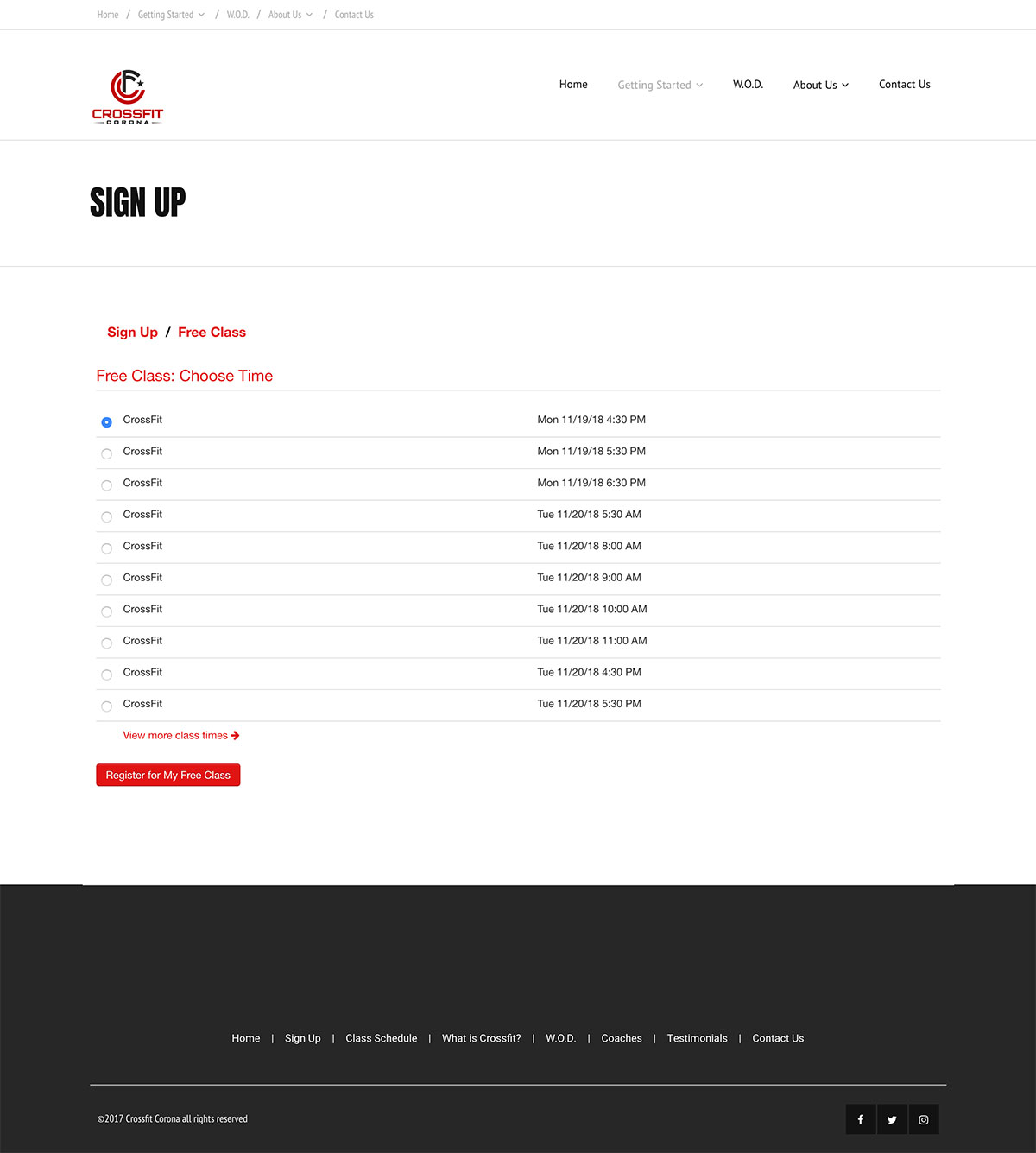 Crossfit Corona Sign Up Page