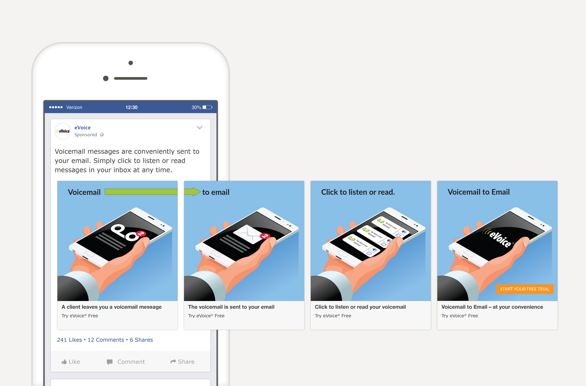 eVoice Voicemail to Email FB Carousel Ad Layout